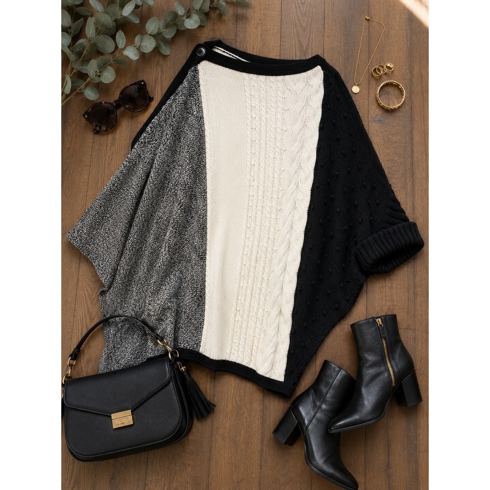 Talbots Poncho Sweater Colorblock Cable Bobble Knit Asymmetrical Black White L